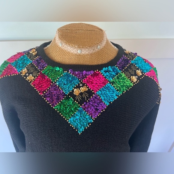 Vintage Victoria Jones black Women's sequin embellished ramie Sweater size Large - Picture 4 of 10